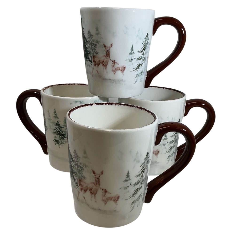 Robert Stanley Home Collection Winter Deer Woodland Ceramic Mugs Set of 4